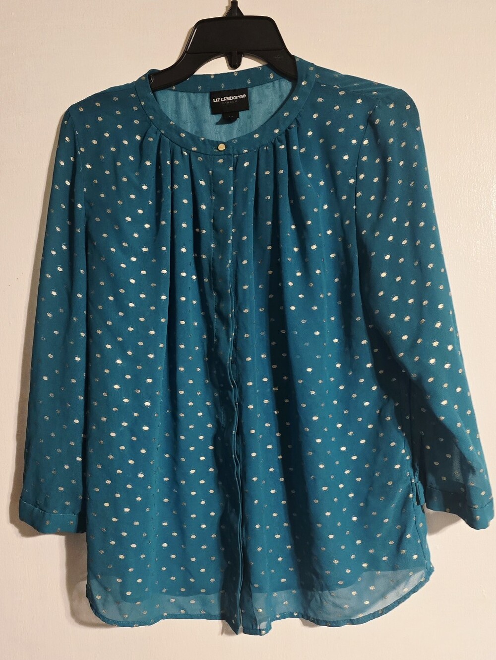 Liz Claiborne Teal Polka Dot Button-Front Blouse